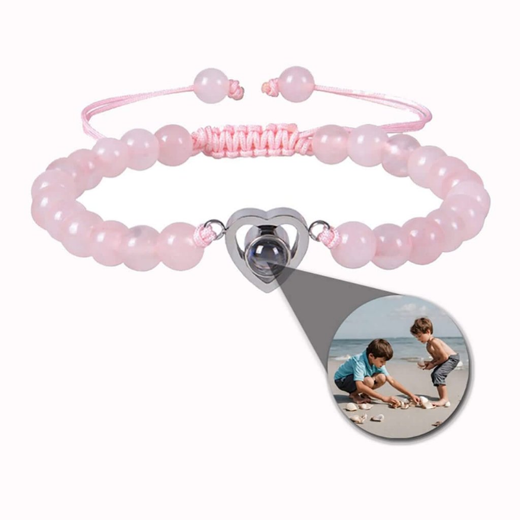 Stone Bead Bracelets with Photo Inside Heart Charm - Photo Memory Bracelet