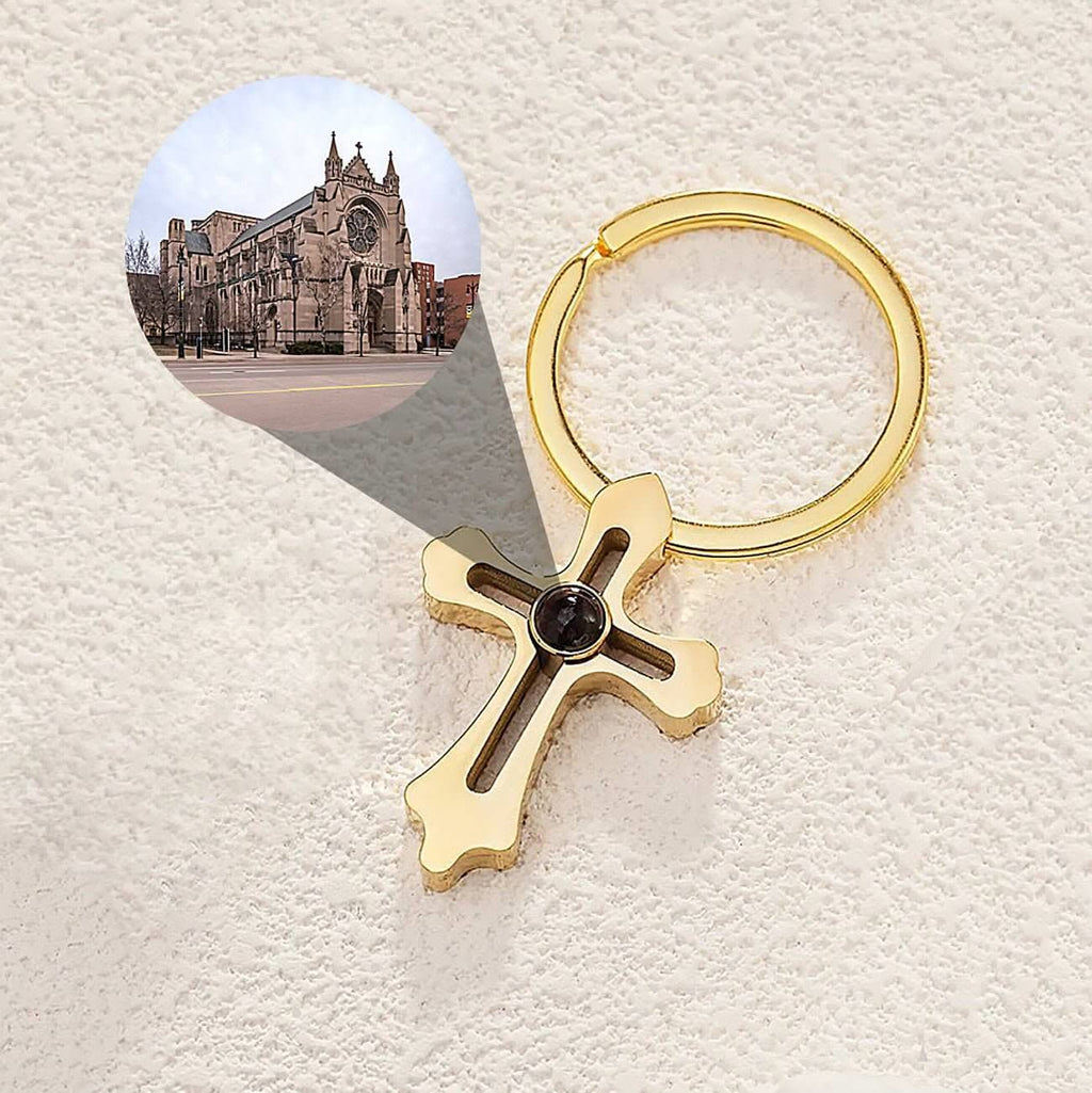 Cross Key Chain with Photo Projection Picture Inside - Photo Memory Bracelet LLC