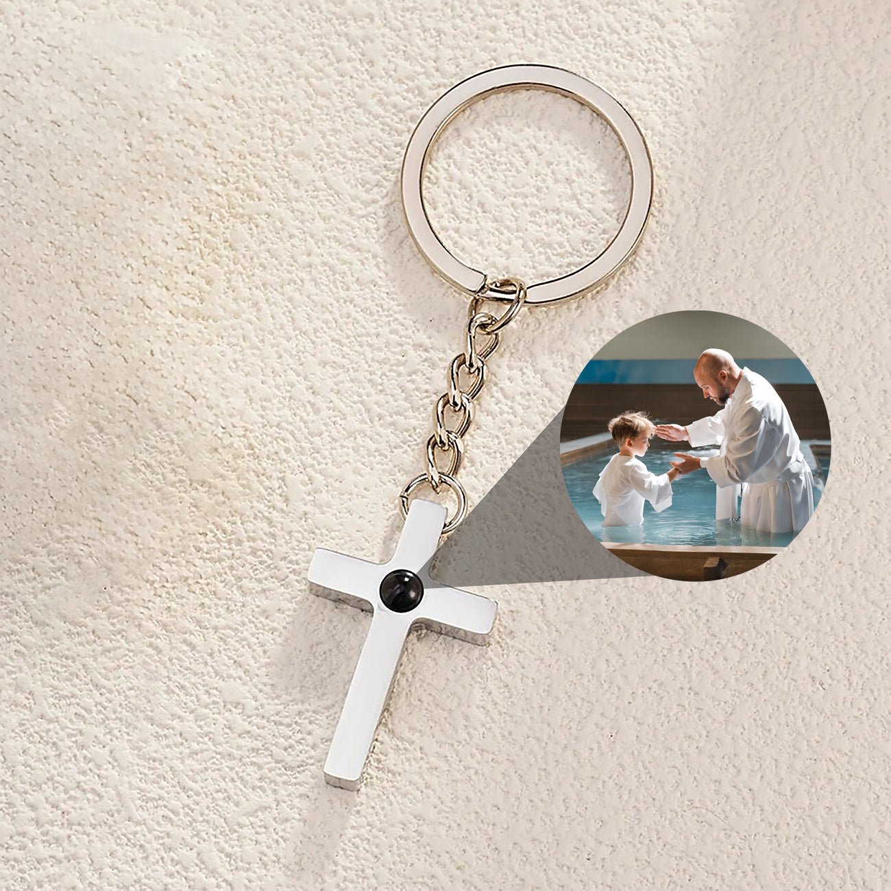 Cross Key Chain with Photo Projection Picture Inside - Photo Memory Bracelet LLC