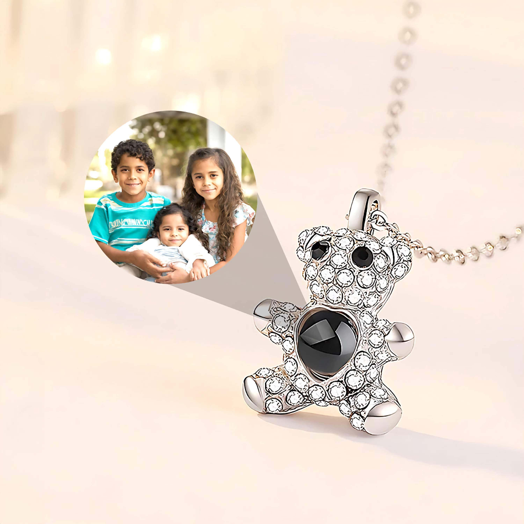 Teddy Bear Photo Projectoin Necklace for Kids-Teens | Zircon Gems