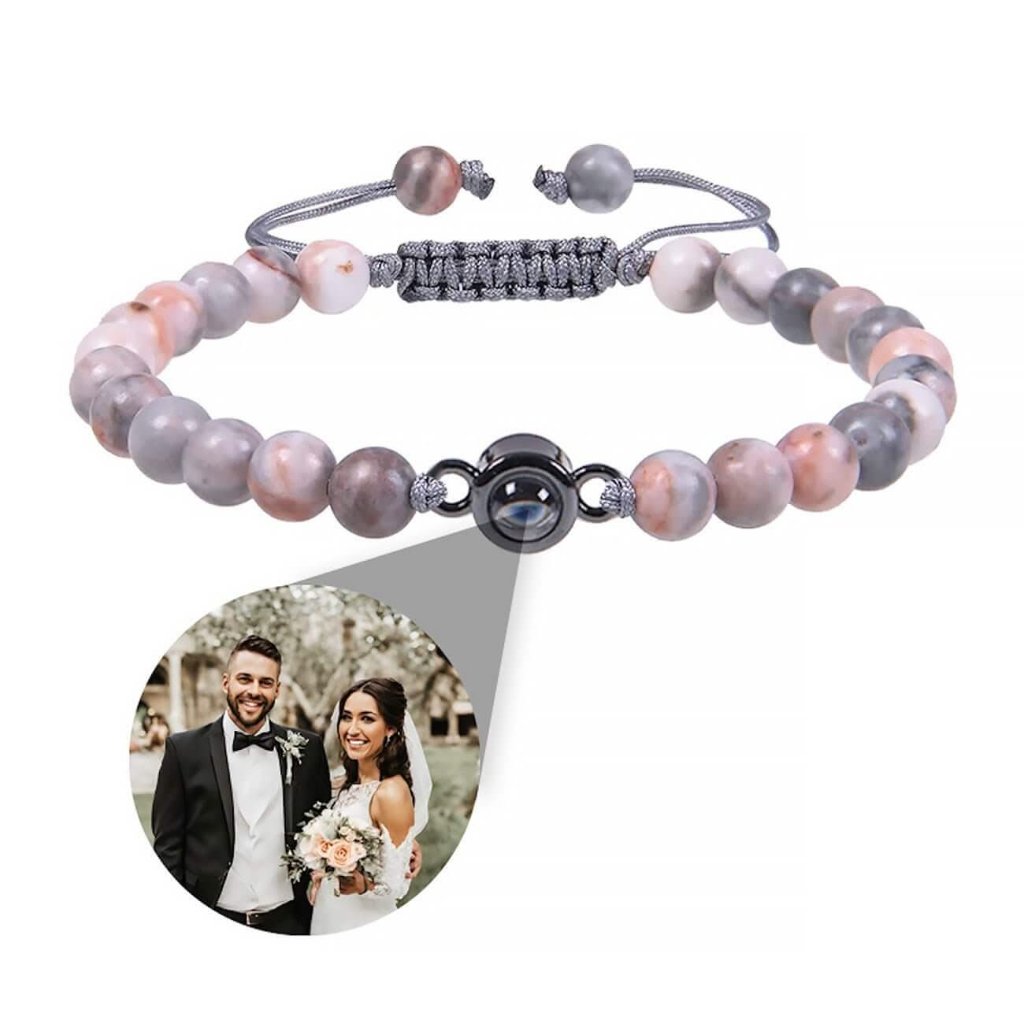 Natural Stone Bead Photo Memory Bracelets with Circle Charm