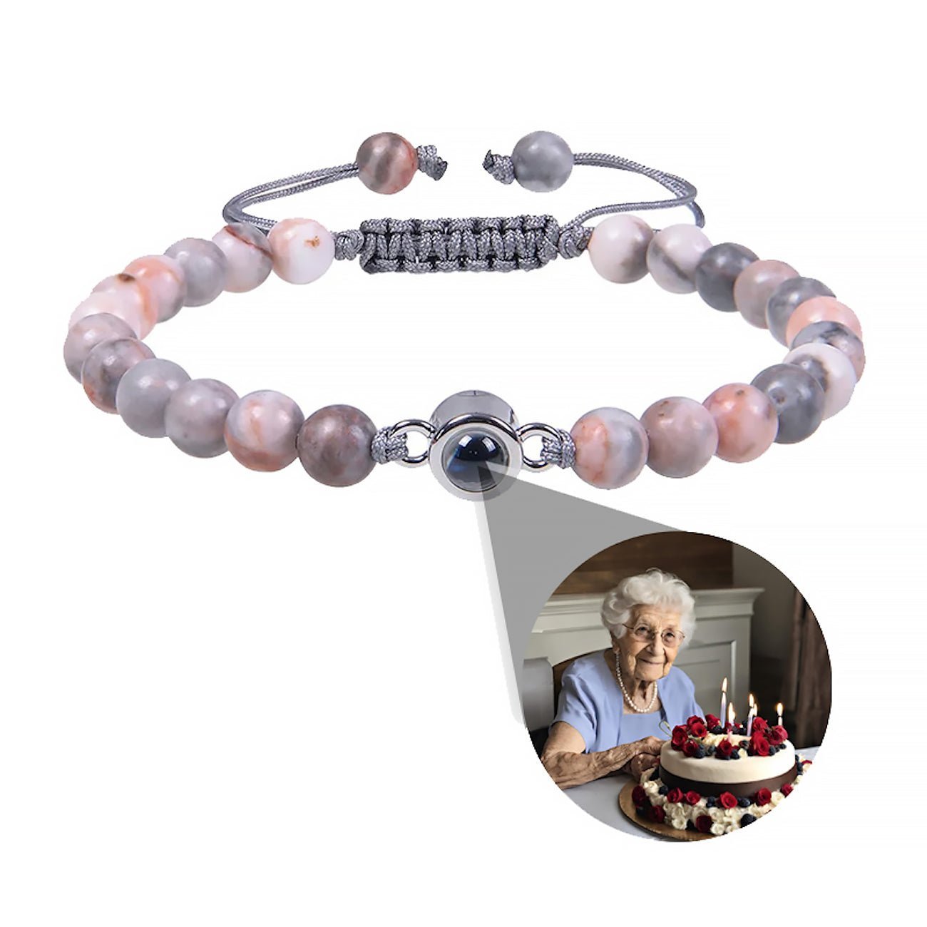 Natural Stone Bead Photo Memory Bracelets with Circle Charm - Photo Memory Bracelet LLC