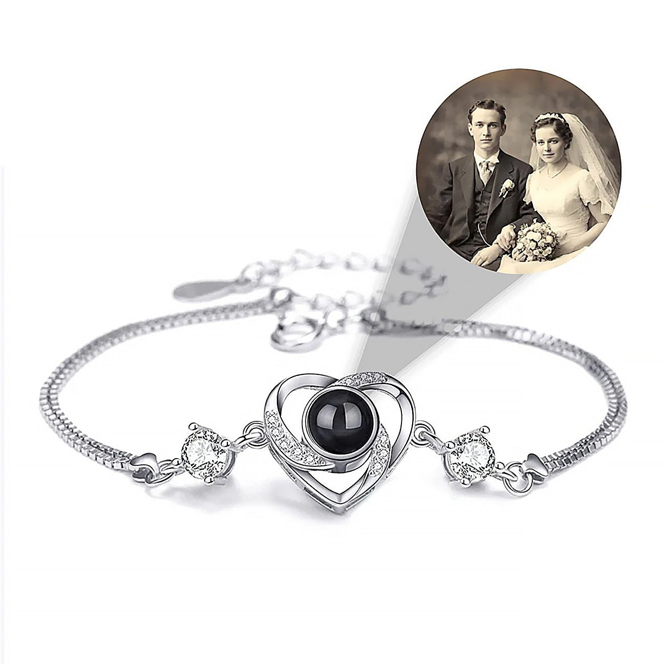 925s Heart Charm Photo Projection Bracelet | Herringbone Chain - Photo Memory Bracelet LLC