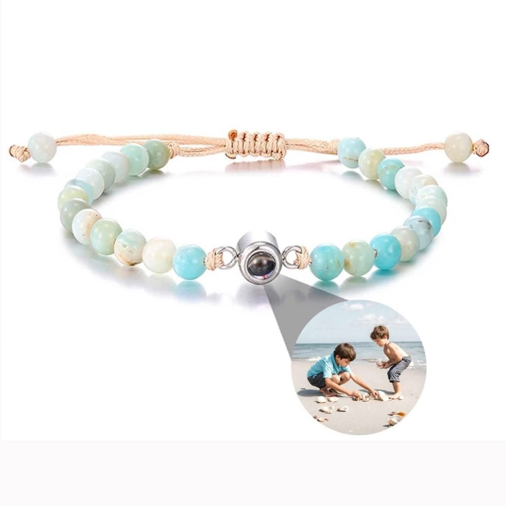 Natural Stone Bead Photo Memory Bracelets with Circle Charm - Photo Memory Bracelet LLC