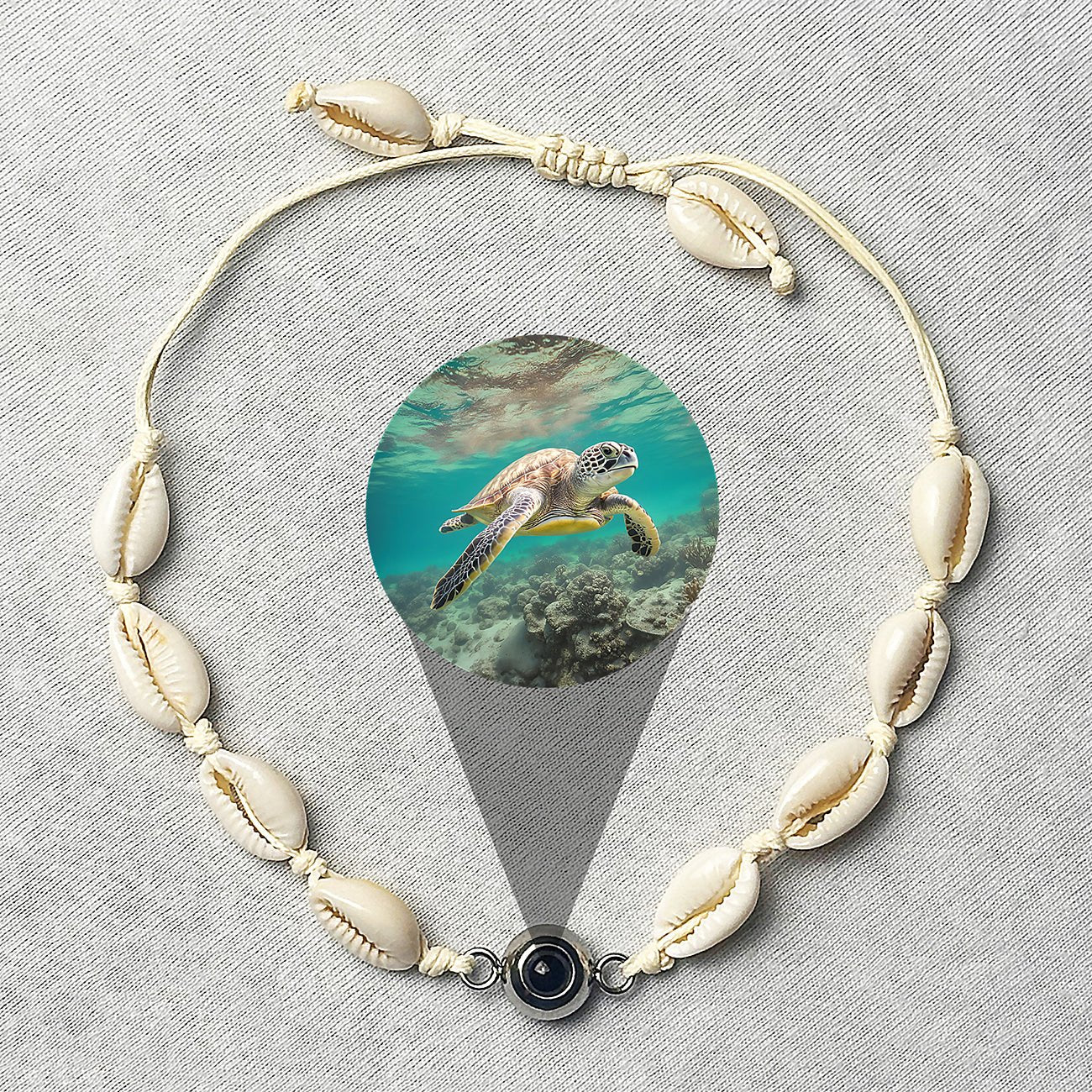 Sea Turtle Image Hidden Inside of Cowrie Shell Bracelet - Photo Memory Bracelet LLC