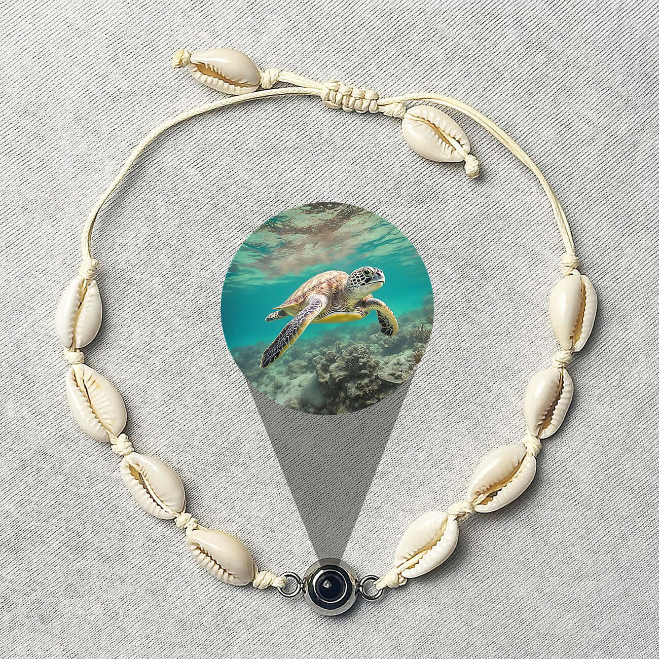 Sea Turtle Image Hidden Inside of Cowrie Shell Bracelet - Photo Memory Bracelet LLC