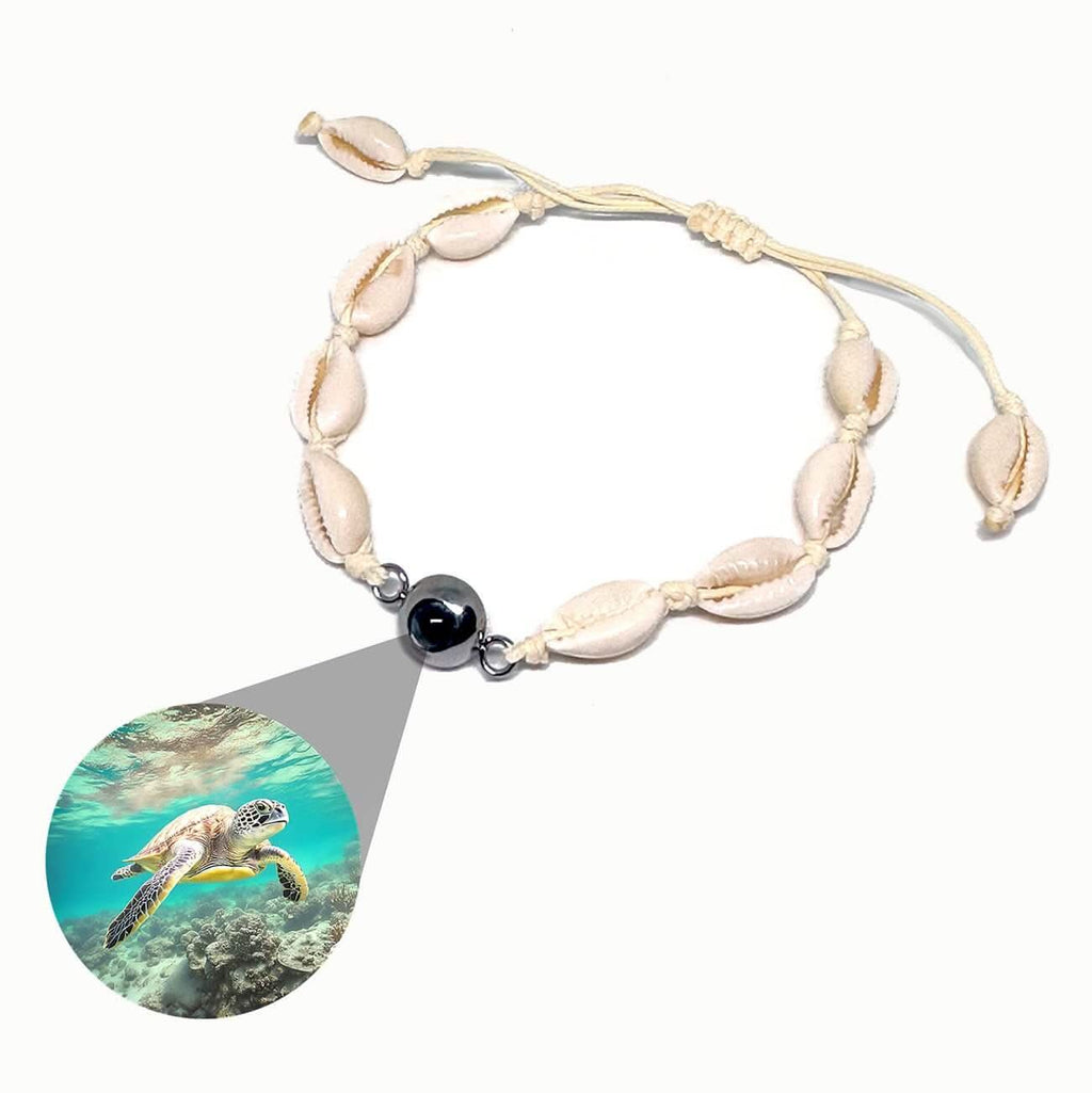 Sea Turtle Image Hidden Inside of Cowrie Shell Bracelet - Photo Memory Bracelet LLC