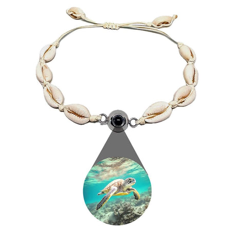 Sea Turtle Image Hidden Inside of Cowrie Shell Bracelet - Photo Memory Bracelet LLC