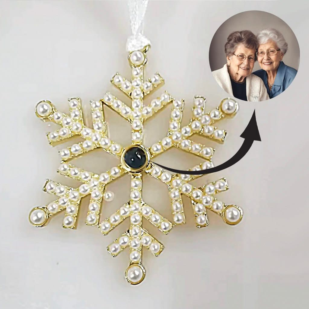 Snowflake Ornament with Picture Inside and Pearl Accents - Photo Memory Bracelet LLC