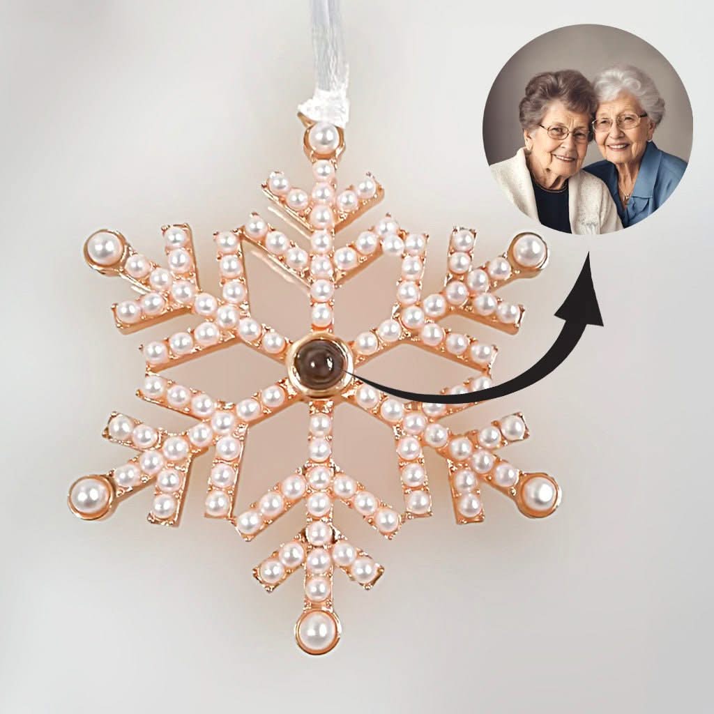 Snowflake Ornament with Picture Inside and Pearl Accents - Photo Memory Bracelet LLC