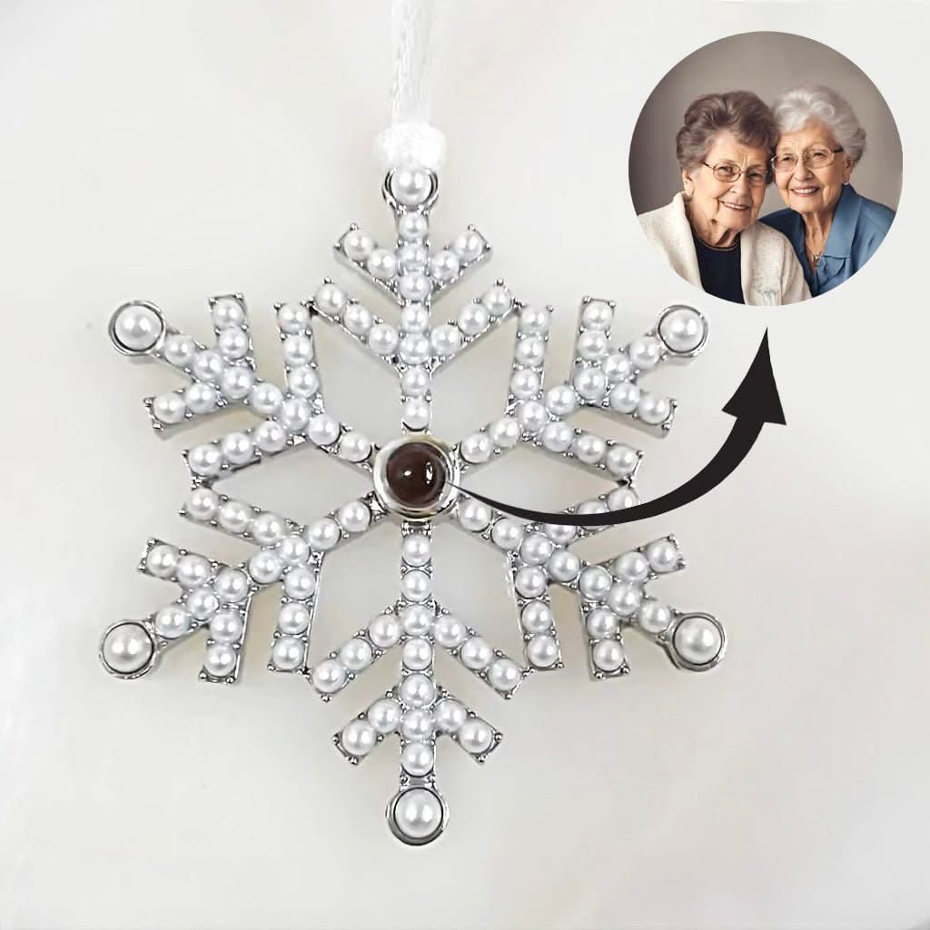 Snowflake Ornament with Picture Inside and Pearl Accents - Photo Memory Bracelet LLC