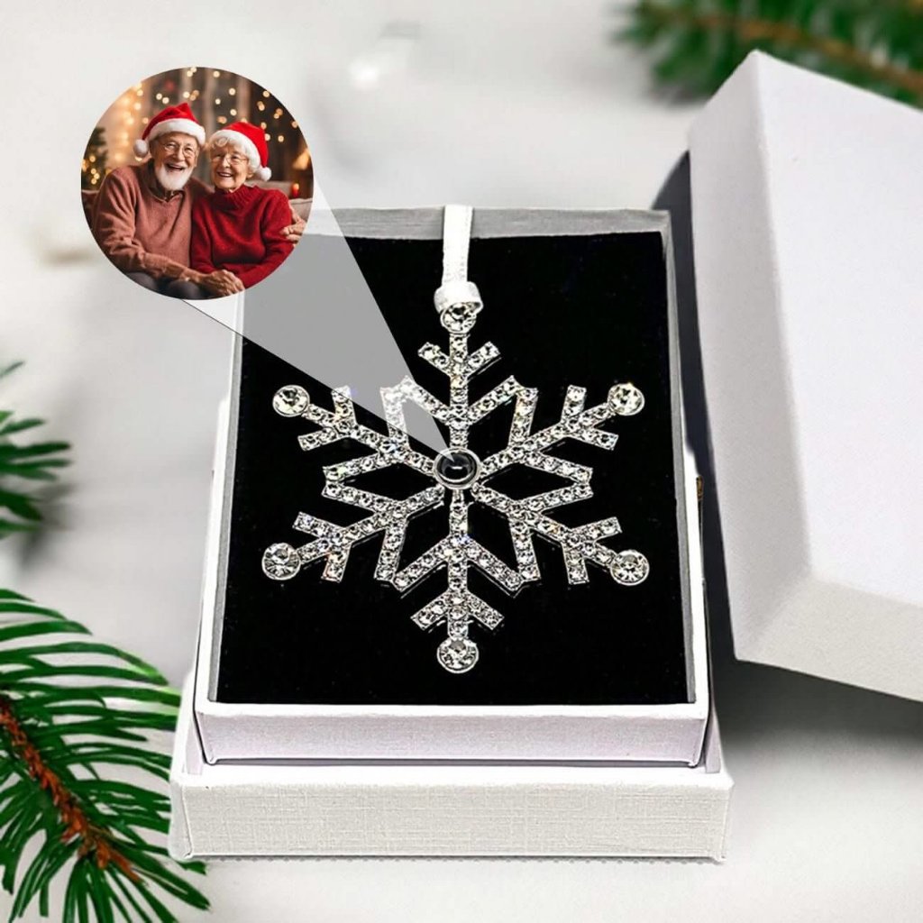 Snowflake Ornament with Picture Inside Gift Box - Photo Memory Bracelet™