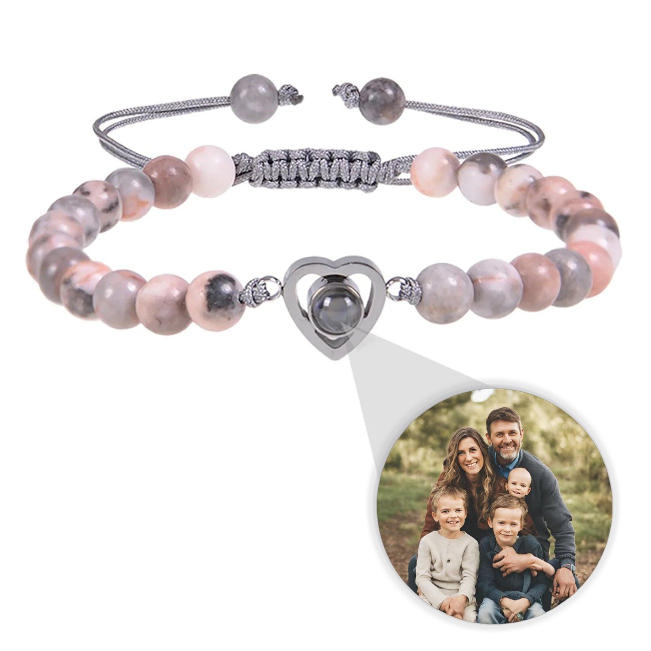 Stone Bead Bracelets with Photo Inside Heart Charm - Photo Memory Bracelet LLC