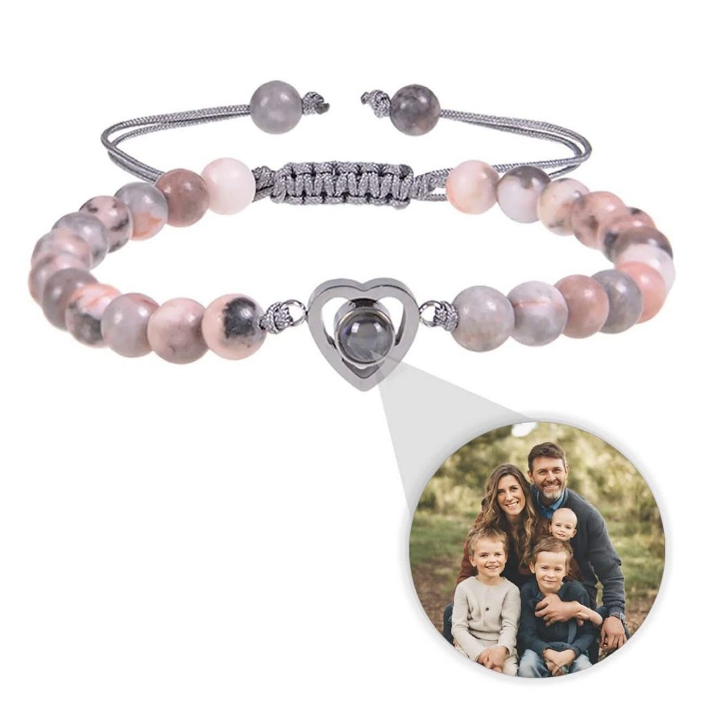 Stone Bead Bracelets with Photo Inside Heart Charm - Photo Memory Bracelet
