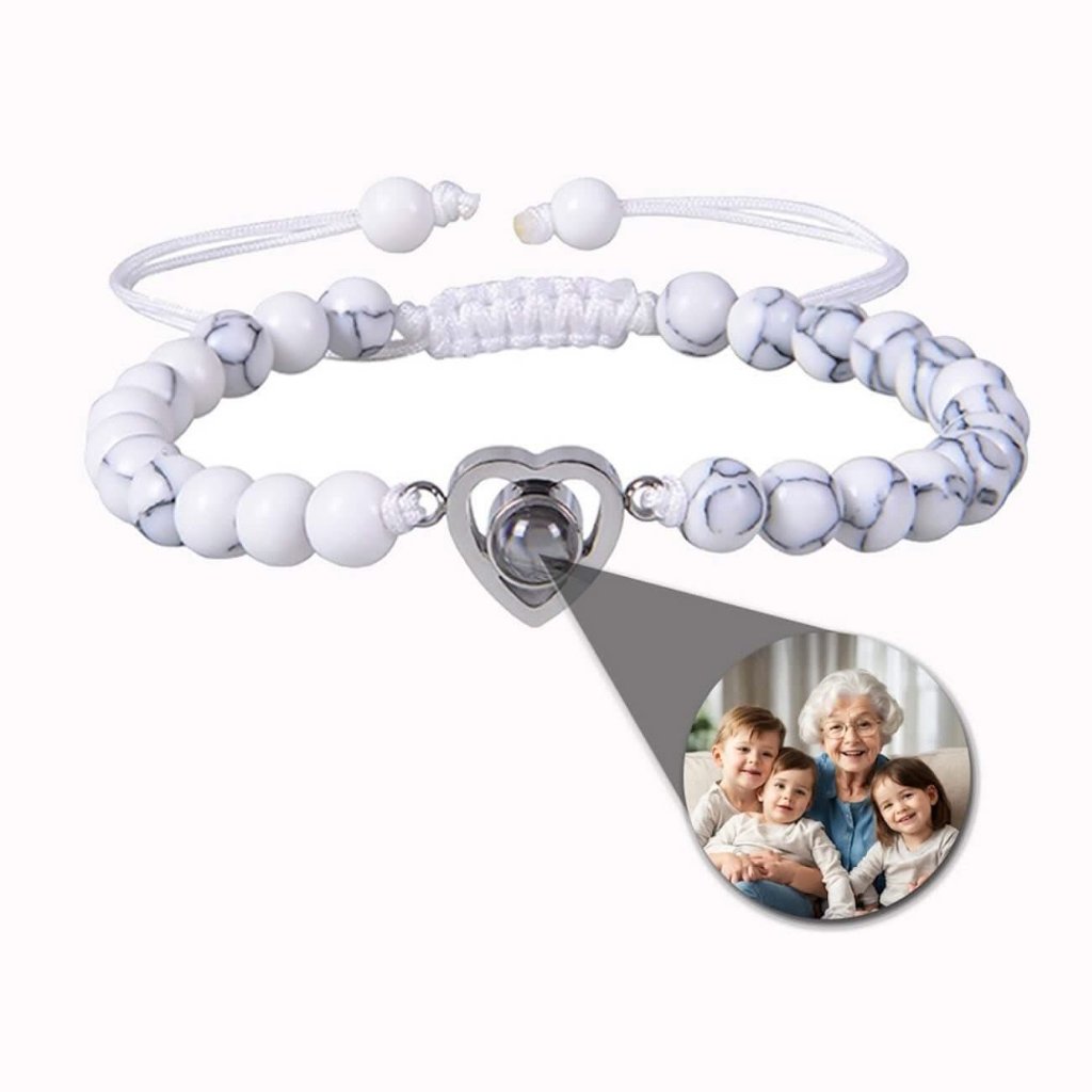 Stone Bead Bracelets with Photo Inside Heart Charm - Photo Memory Bracelet