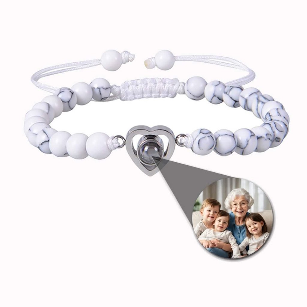 Stone Bead Bracelets with Photo Inside Heart Charm - Photo Memory Bracelet LLC