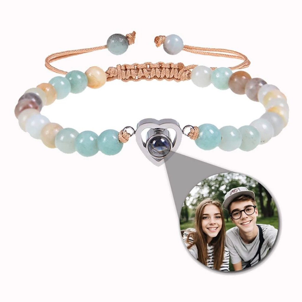 Stone Bead Bracelets with Photo Inside Heart Charm - Photo Memory Bracelet