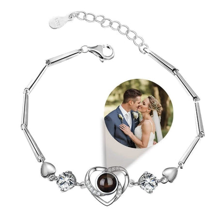 925 Silver Custom Link Chain Photo Projection Bracelet with Heart Charm - Photo Memory Bracelet