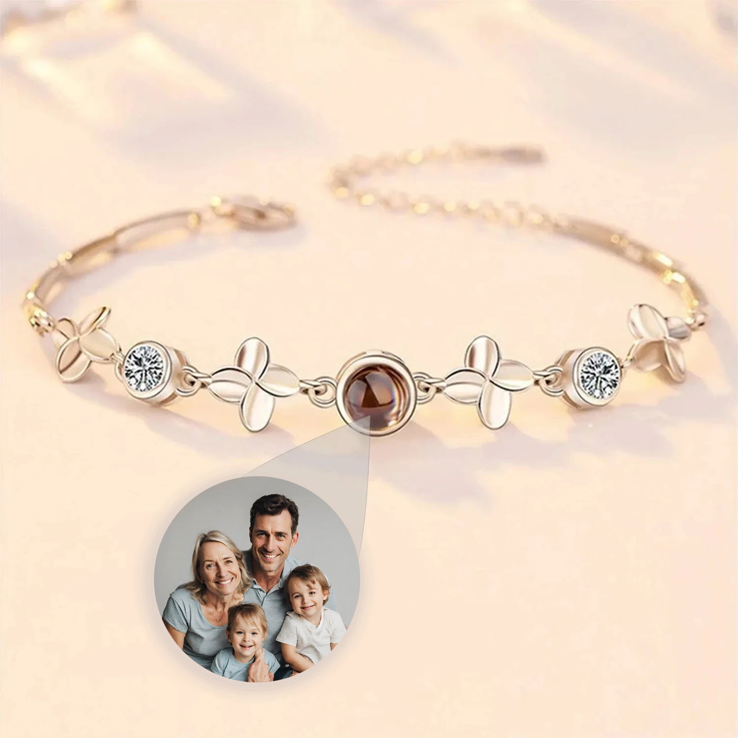 925s Clover Leaf Photo Projection Bracelet - Photo Memory Bracelet