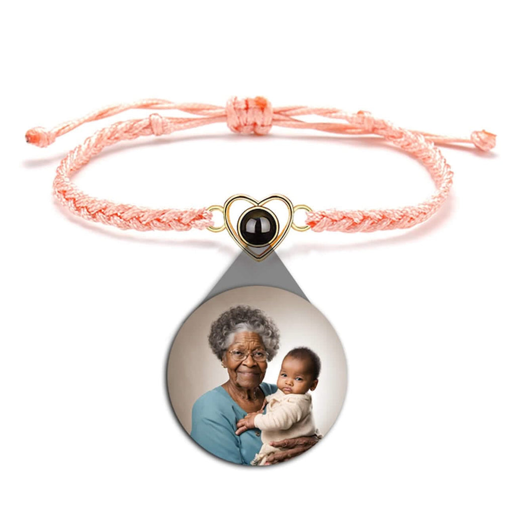 Custom Photo Projection Braided Rope Bracelet with Heart Charm - Photo Memory Bracelet