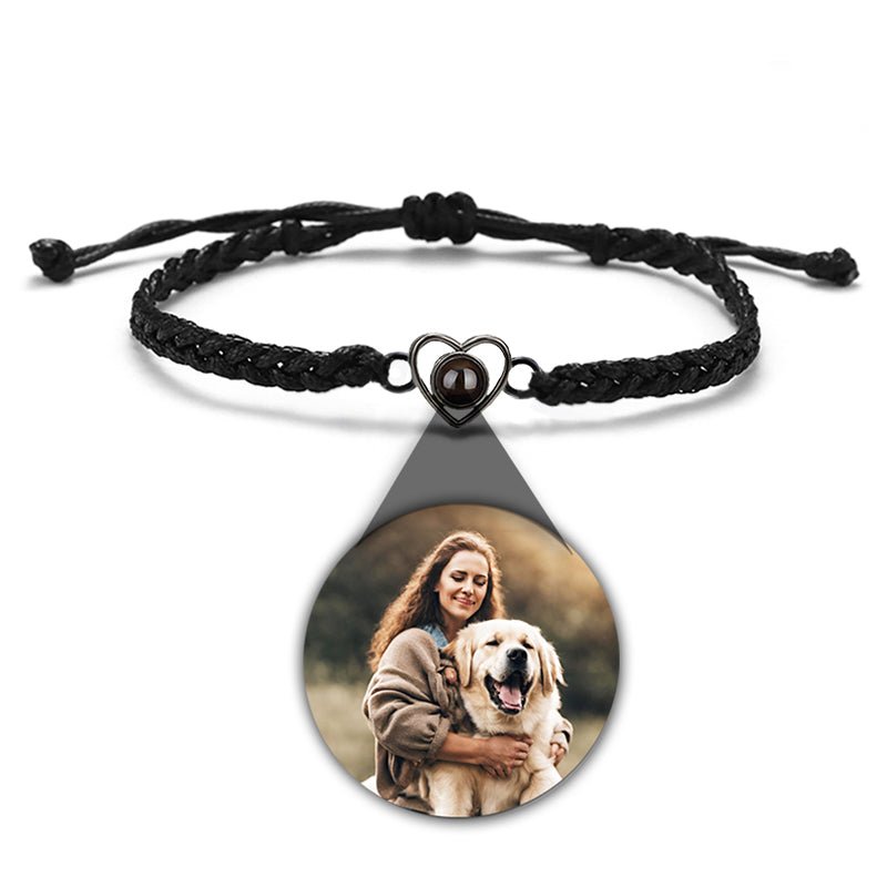 Custom Photo Projection Braided Rope Bracelet with Heart Charm - Photo Memory Bracelet