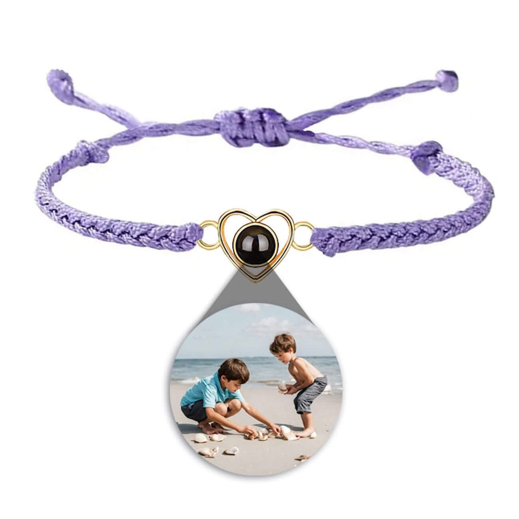 Custom Photo Projection Braided Rope Bracelet with Heart Charm - Photo Memory Bracelet