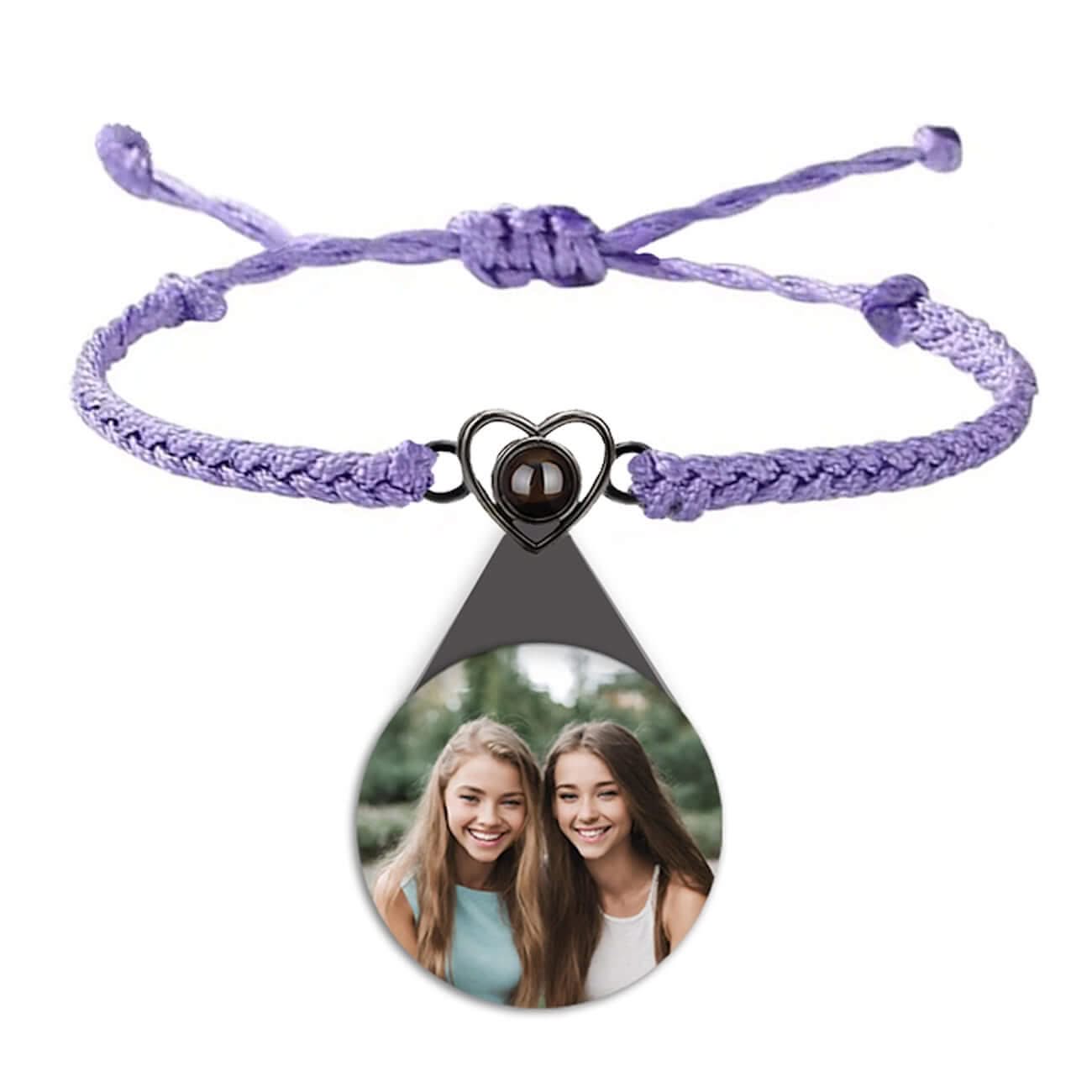 Custom Photo Projection Braided Rope Bracelet with Heart Charm - Photo Memory Bracelet