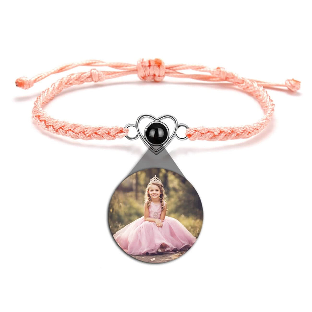 Custom Photo Projection Braided Rope Bracelet with Heart Charm - Photo Memory Bracelet