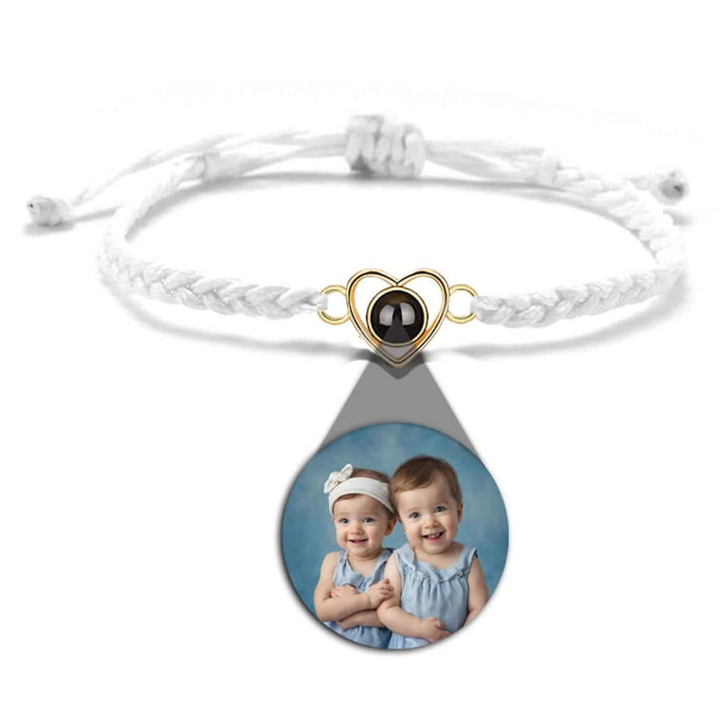 Custom Photo Projection Braided Rope Bracelet with Heart Charm - Photo Memory Bracelet