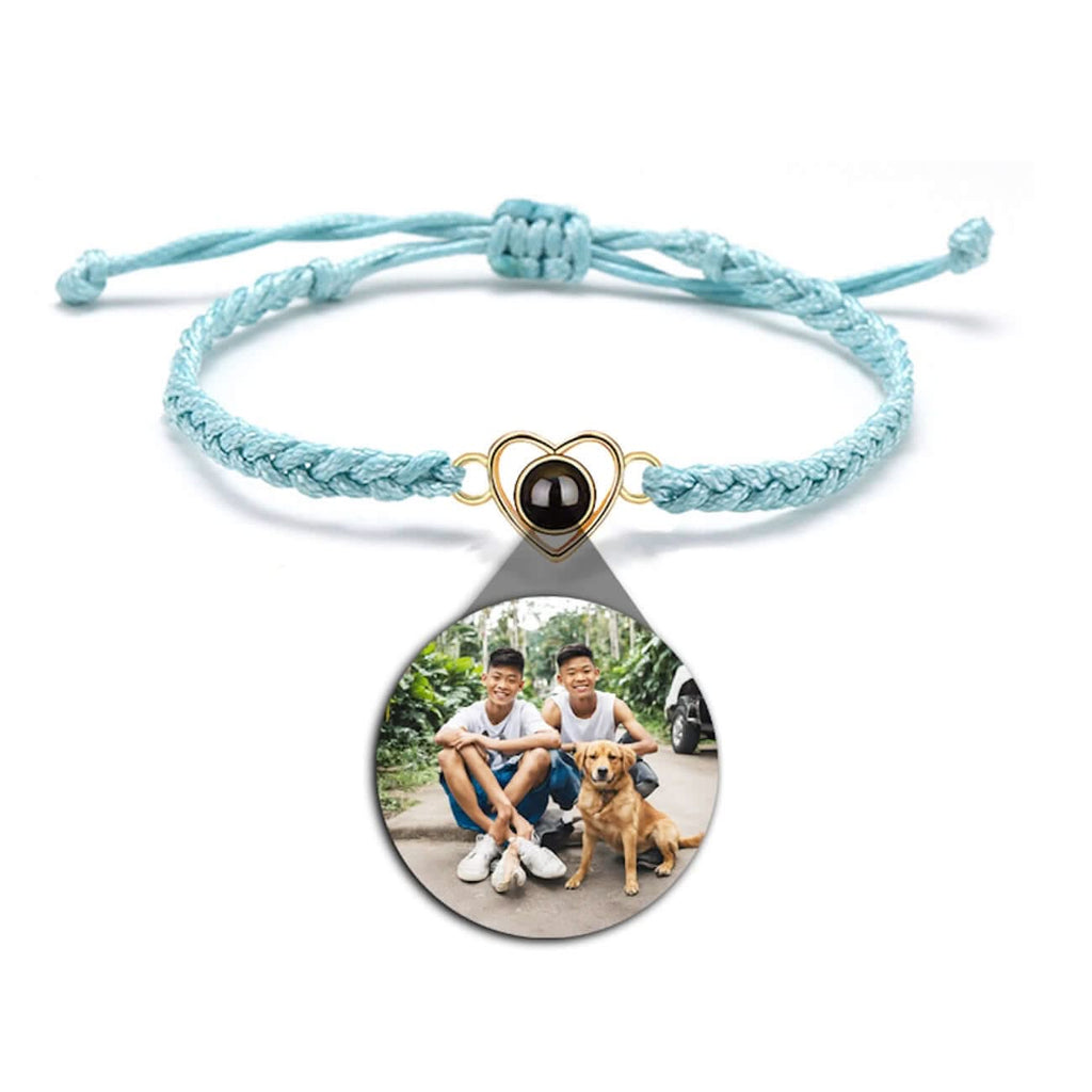 Custom Photo Projection Braided Rope Bracelet with Heart Charm - Photo Memory Bracelet