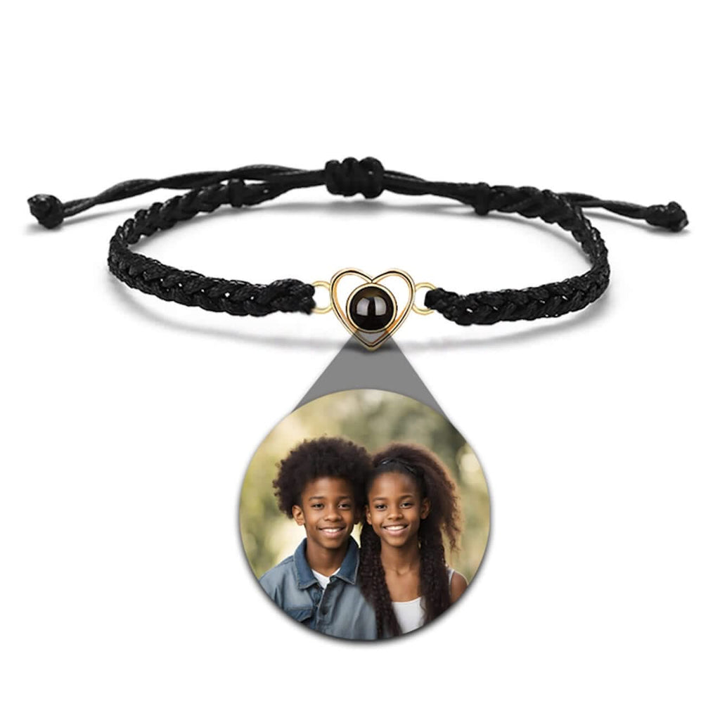 Custom Photo Projection Braided Rope Bracelet with Heart Charm - Photo Memory Bracelet