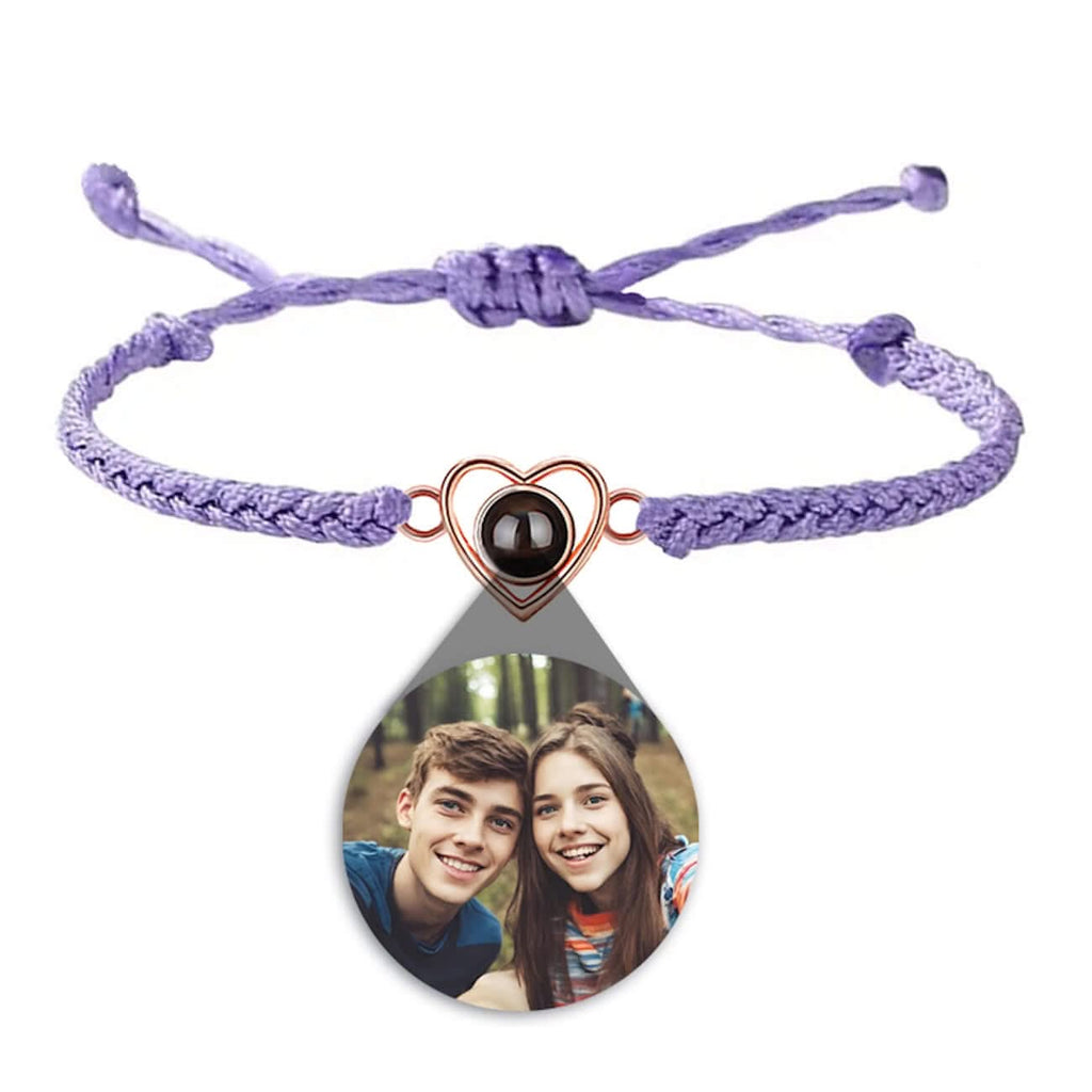 Custom Photo Projection Braided Rope Bracelet with Heart Charm - Photo Memory Bracelet